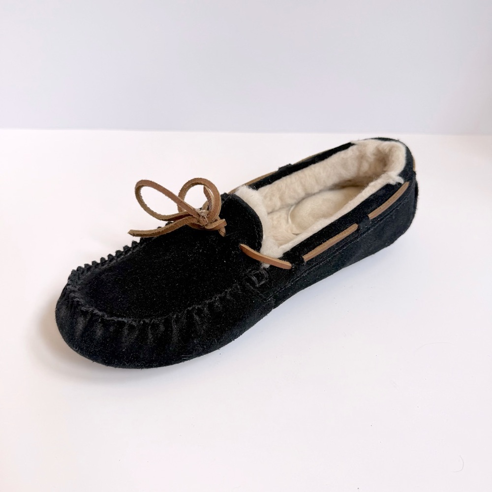 UGG Black Suede Moccasins with Tan Accents women's size 8